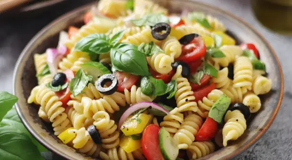 Pasta fredda con pomodorini, olive, basilico e cipolla rossa. Perfetta per ricette pasta fredda veloci e sfiziose.