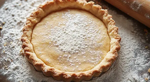 Fond de tarte doré, saupoudré de sucre glace. Le temps de cuisson est parfait, prêt à être dégusté.