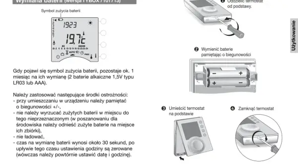 Instrukcja wymiany baterii w TYBOX 710i713. Krok po kroku: odłącz termostat, wymień baterie, umieść na podstawie, zamknij.