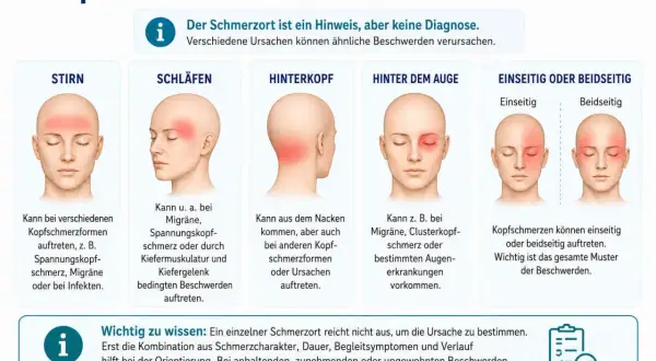 Kopfschmerzen auf dem Kopf: Stirn, Schläfen, Hinterkopf, Auge, einseitig oder beidseitig. Verschiedene Ursachen möglich.