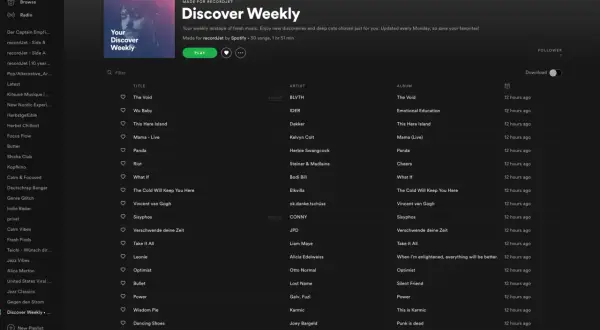 Spotify-Playlist "Discover Weekly" mit heroischer Musik, die neue Entdeckungen und tiefe Schnitte bietet.