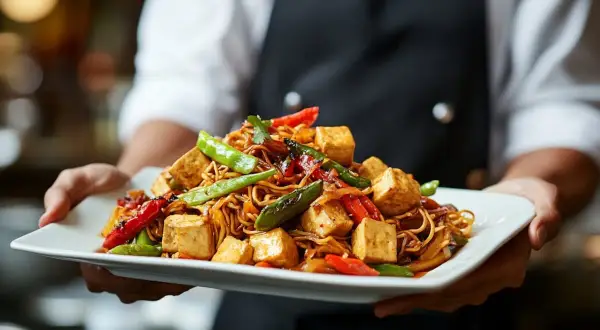 Talerz pełen aromatycznego makaronu z chrupiącym tofu, zielonym groszkiem i papryką, podany przez kelnera.