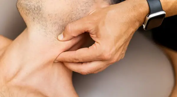 Mano che palpa il collo, evidenziando un punto di dolore al tatto.