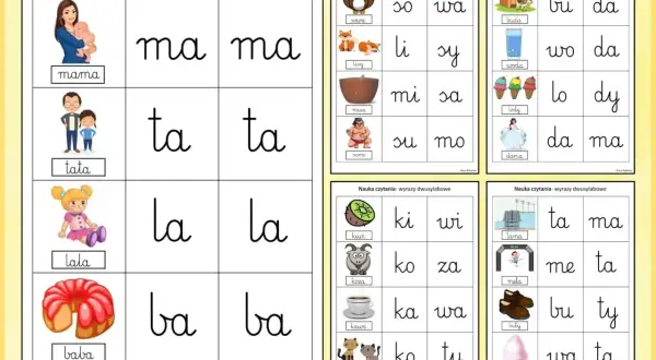Zestaw kart do nauki czytania: ćwiczenia do druku z wyrazami dwusylabowymi, takimi jak mama, tata, lala, baba, sowa, lis, misa, sumo, kiwi, koza, kawa, koty.