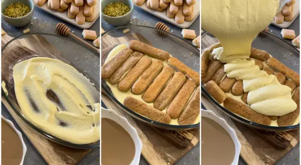 Preparazione di un delizioso tiramisù al pistacchio: crema, savoiardi e caffè si uniscono per un dolce irresistibile.