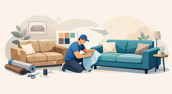 Mann bezieht eine Couch neu. Stoffrollen, Schere und Garn liegen bereit.
