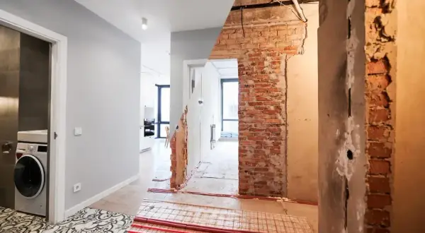 Przed i po remoncie domu z lat 70. Widać odsłoniętą cegłę, instalacje i przygotowanie pod ogrzewanie podłogowe.