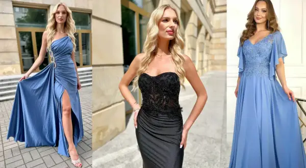 Eleganckie sukienki wyszczuplające optycznie: błękitna z wycięciem, czarna gorsetowa i błękitna z koronką.