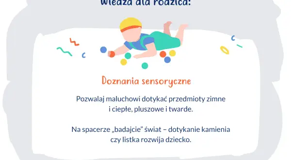Ilustracja dziecka raczkującego wśród kolorowych kulek i ozdobnych kształtów.