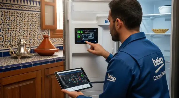 Un technicien Beko utilise une tablette pour diagnostiquer un code erreur frigo Beko affiché sur l'écran de l'appareil.