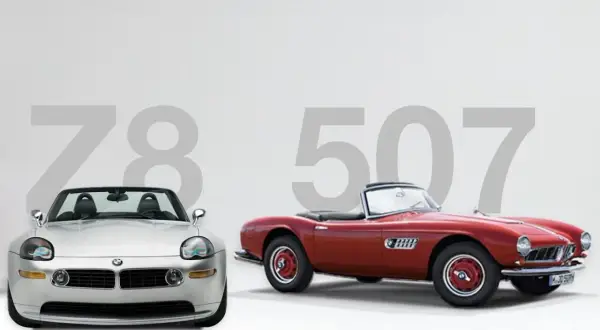Dwa klasyki BMW: srebrny Z8 i czerwony BMW 507, symbolizujące ewolucję designu.