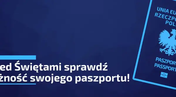 Niebieski paszport Polski z orłem, przypomina o sprawdzeniu jego ważności przed podróżą.