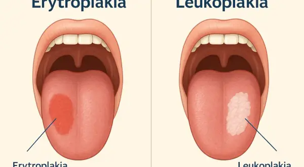 Język z czerwonym obszarem, oznaczonym jako erytroplakia, obok języka z białym nalotem (leukoplakia).