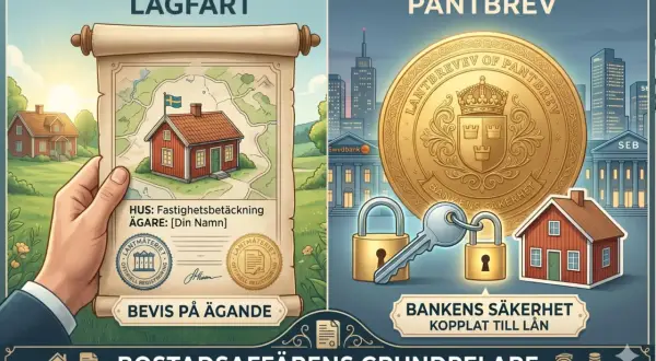 En hand håller upp ett dokument med en karta och ett hus. Bredvid syns ett stort pantbrev, lås och nyckel, som symboliserar pantbrev kostnad och bankens säkerhet kopplat till lån.