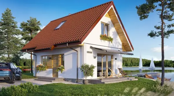 Projekt domu Sosenka nad jeziorem, z łodziami i żaglówkami na wodzie.