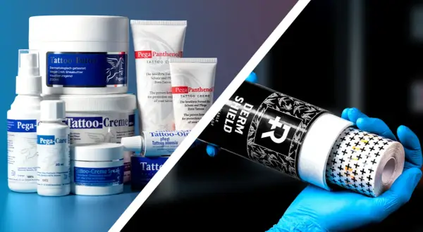 Variedad de productos para el cuidado de tatuajes, incluyendo crema para antes de tatuarse, en un fondo azul y negro.