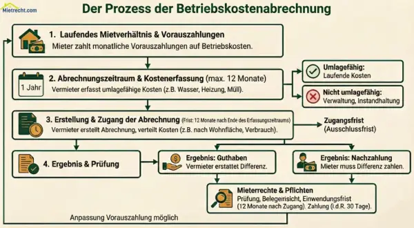 Ablauf der Betriebskostenabrechnung: Vorauszahlungen, Erfassung umlagefähiger Kosten, Erstellung & Zugang der Abrechnung, Ergebnis (Guthaben/Nachzahlung). Anpassung der Vorauszahlung möglich.