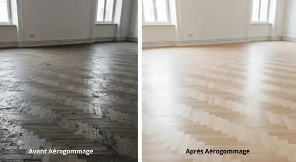 Parquet sombre et usé avant aérogommage, transformé en un sol clair et lumineux après. Le résultat avant après est spectaculaire.