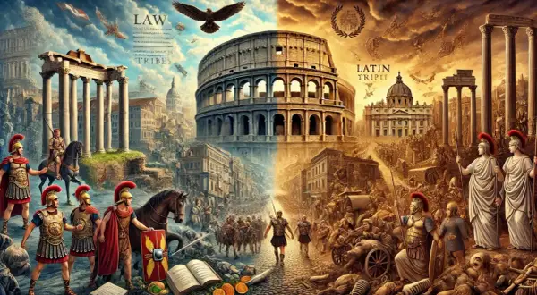 En episk scen av plundrade rom, med soldater, Colosseum och antika ruiner. En berättelse om lag och stammar.
