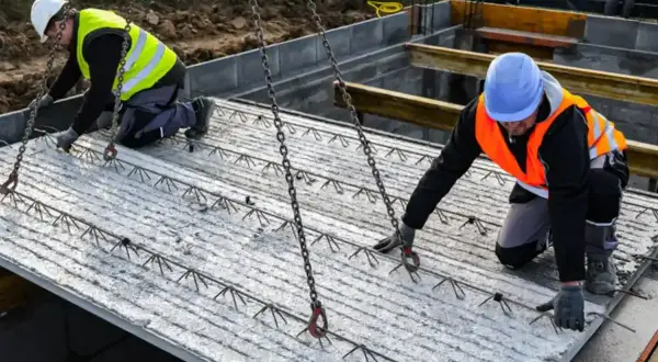 Dwóch budowlańców w kamizelkach odblaskowych przygotowuje strop filigran do montażu.
