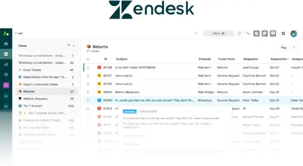 Panel z powiadomieniami Zendesk, pokazujący listę zgłoszeń "Returns" z różnymi statusami i kanałami komunikacji.