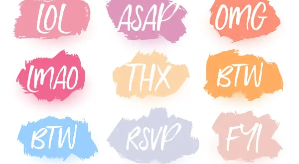 Nubes de colores con acrónimos: LOL, ASAP, OMG, LMAO, THX (que significa "gracias" en inglés), BTW, RSVP, FYI.