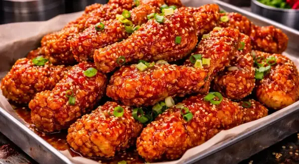 En bricka full med krispiga, glaserade bitar av koreansk friterad kyckling, toppad med sesamfrön och grön lök.