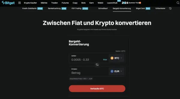 Bitget-Oberfläche zur Konvertierung von Kryptowährungen in Euro, mit Eingabefeldern für BTC und EUR.