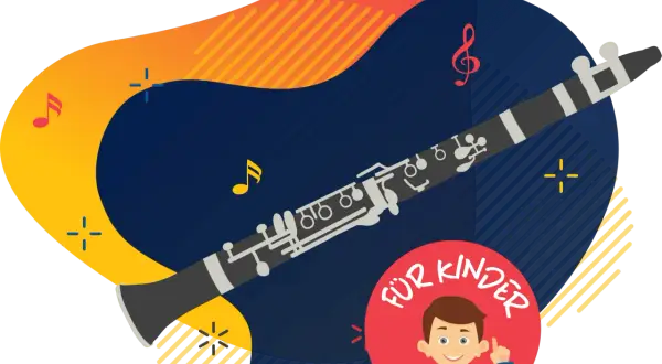 Klarinette-Stimmung für Kinder: Ein Junge zeigt auf eine Klarinette, umgeben von musikalischen Noten und bunten Formen.