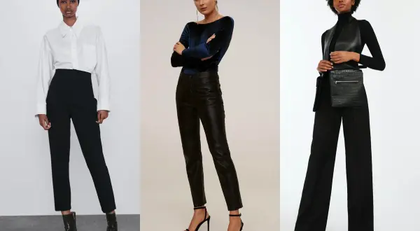 Tre look con pantaloni neri: eleganti con camicia bianca, audaci con top in velluto e pelle, o sofisticati con gilet e borsa a tracolla.