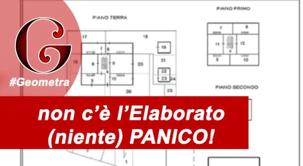 Disegno tecnico con planimetrie di piani. Il logo #Geometra e la scritta "non c'è l'Elaborato (niente) PANICO!" suggeriscono che i beni comuni non censibili sono gestiti con semplicità.