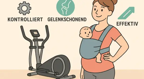Sanfter Sport nach Kaiserschnitt: Ein Crosstrainer, eine Mutter mit Baby im Tragetuch und Icons für kontrolliertes, gelenkschonendes und effektives Training.