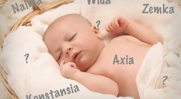 Sovande bebis i korg med magiska namn tjej som Naima, Wida, Zemka, Axia och Konstansia.