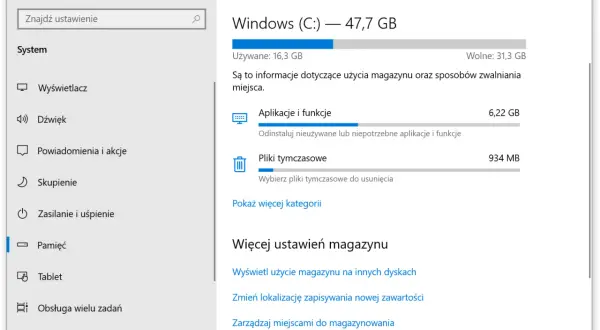 Ustawienia Pamięci w Windows 11: Dysk C: zajmuje 47,7 GB, z czego 16,3 GB jest używane. Zobacz, ile miejsca zajmują aplikacje i pliki tymczasowe.