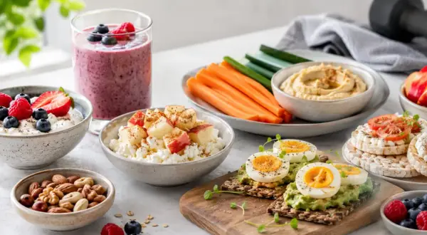 En härlig buffé med proteinrika mellanmål: smoothie, kvarg med bär, äggmackor, nötter och grönsaksstavar med hummus.