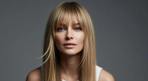 Blonde Frau mit Curtain Bangs, die ihr Gesicht umrahmen. Ihr Blick ist direkt in die Kamera gerichtet.