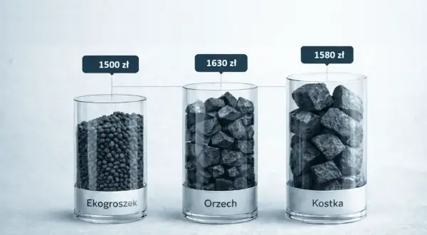 Porównanie aktualnych cen węgla: ekogroszek 1500 zł, orzech 1630 zł, kostka 1580 zł.