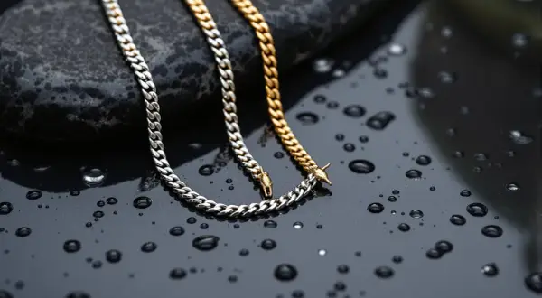 Dos cadenas, una plateada y otra dorada, descansan sobre una superficie oscura con gotas de agua, demostrando que el acero inoxidable se puede mojar sin problemas.