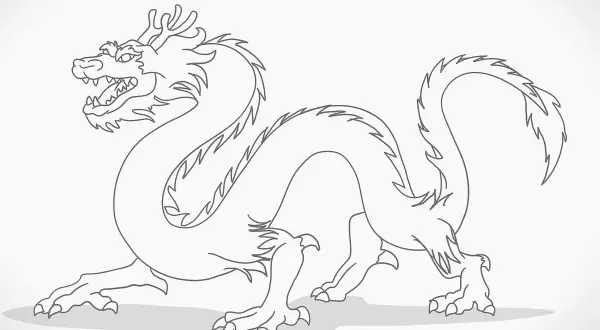 Un drago disegno facile per bambini, con lunghe spire e artigli affilati, pronto a prendere vita con i colori.