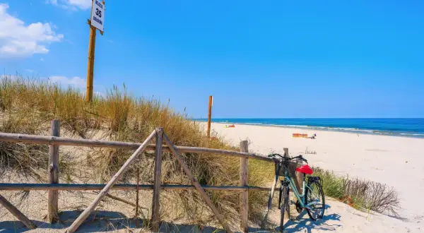 Rower czeka przy płocie, gotowy na odkrywanie tras rowerowych nad morzem. Piękny, słoneczny dzień na plaży w Białogórze.