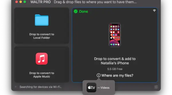 WALTR PRO interface shows options to convert files to a local folder, Apple Music, or an iPhone. This is useful for converting files like an MPG file.
