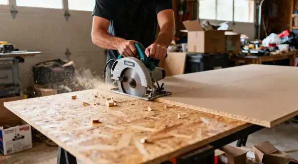 Un homme utilise une scie circulaire pour couper du panneau OSB. Il se demande quelle lame pour couper parquet stratifié.