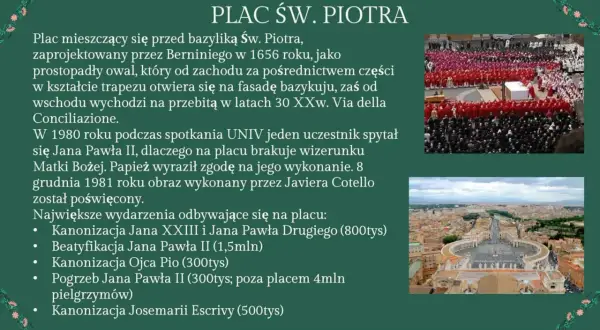 Plac św. Piotra w Watykanie, zaprojektowany przez Berniniego, otwiera się na bazylikę. Zdjęcie przedstawia widok z lotu ptaka na plac i tłumy wiernych.