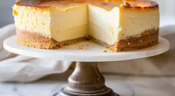 En krämig baskisk cheesecake med karamelliserad yta, serverad på ett marmorerat tårtfat.