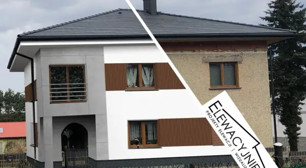 Przed i po: nowoczesne malowanie elewacji domu z brązowymi akcentami po lewej, stara, zaniedbana ściana po prawej.