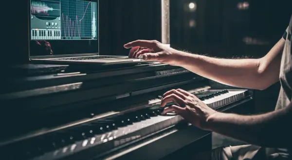 Ręce grające na pianinie, obok laptop z programem do produkcji muzyki. To jest właśnie mastering, czyli dopracowanie dźwięku.