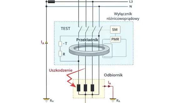 Schemat wyłącznika różnicowoprądowego z przekładnikiem toroidalnym, pokazujący uszkodzenie odbiornika i prąd upływu IA.