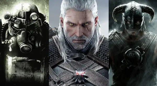 Trzy ikony gatunku komputerowa gra fabularna: zbroja z Fallouta, Geralt z Wiedźmina i wojownik ze Skyrim.