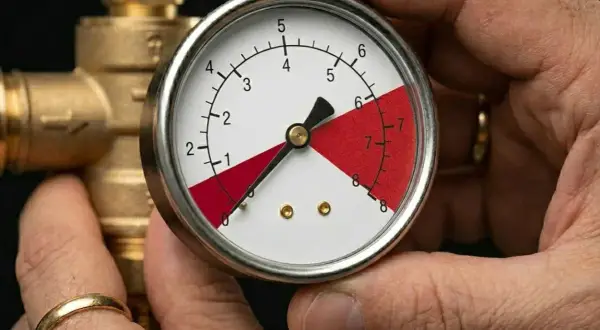 Manomètre indiquant une pression d'eau trop élevée. Que faire ? Le cadran montre une aiguille dans la zone rouge.