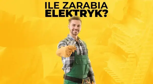 Uśmiechnięty elektryk w zielonym ogrodniczkach trzyma dwie żarówki.